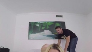 Hot blonde lets a random dude poke her vertical smile with his giant pussy plunger