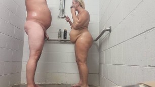 Shower sex with cum in her mouth, after a standing doggystyle session, tits are bouncing ass n thighs are jiggling