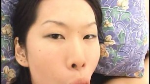 Sexy asian girl with tattoos sucks her own pussy juices off a nice big dick